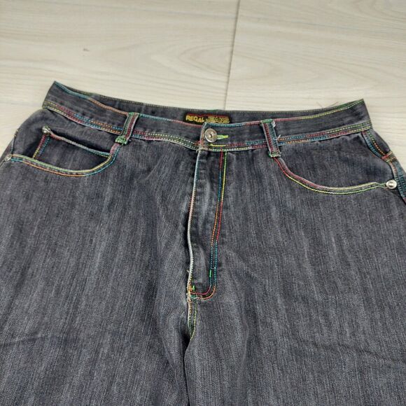 Regal Jeans Mens 40 Black Baggy Hip Hop Embroidered Wide Leg Y2K 38x31.5 Street - Picture 3 of 12
